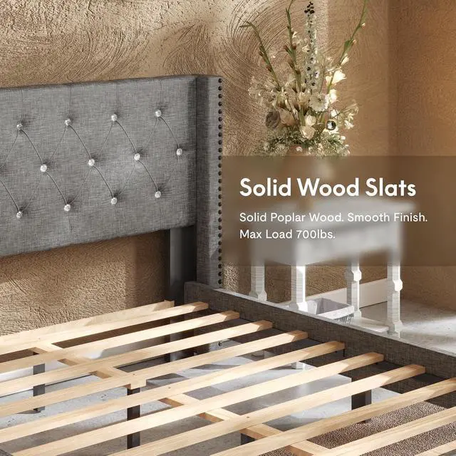 Alt view image 6 of 7 - Queen Size Bed Frame, Upholstered in Natural Linen, Platform Bed with Wingback Headboard, Luxury Diamond Tufting, Heavy-Duty Wooden Slats, No Squeaking, No Box Spring Needed, Grey
