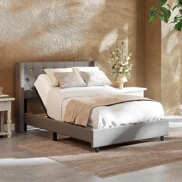 Main image of Full Size Upholstered Adjustable Bed Wingback Tufted Headboard, Head Incline, Sturdy Wooden Slats, 700 lbs Capacity, No Box Spring Needed, Easy Assembly, Grey