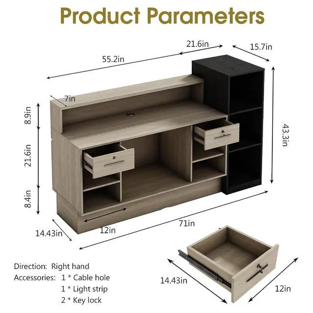 Alt view image 2 of 7 - Reception Desk with 2 Locking Drawers, Modern Front Desk Counter with Open Storage Shelves & Cable Grommet, Privacy Counter Design, Travertine-Look with Black Stone Accent (70.8 in)