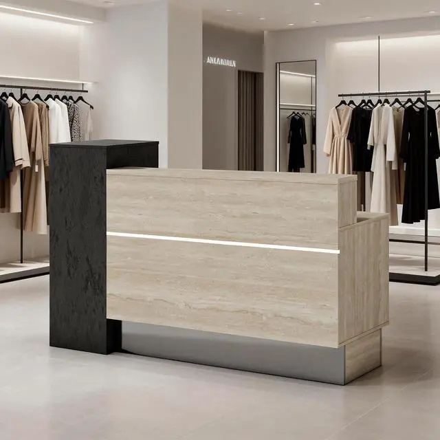 Main image of Reception Desk with 2 Locking Drawers, Modern Front Desk Counter with Open Storage Shelves & Cable Grommet, Privacy Counter Design, Travertine-Look with Black Stone Accent (63 in)