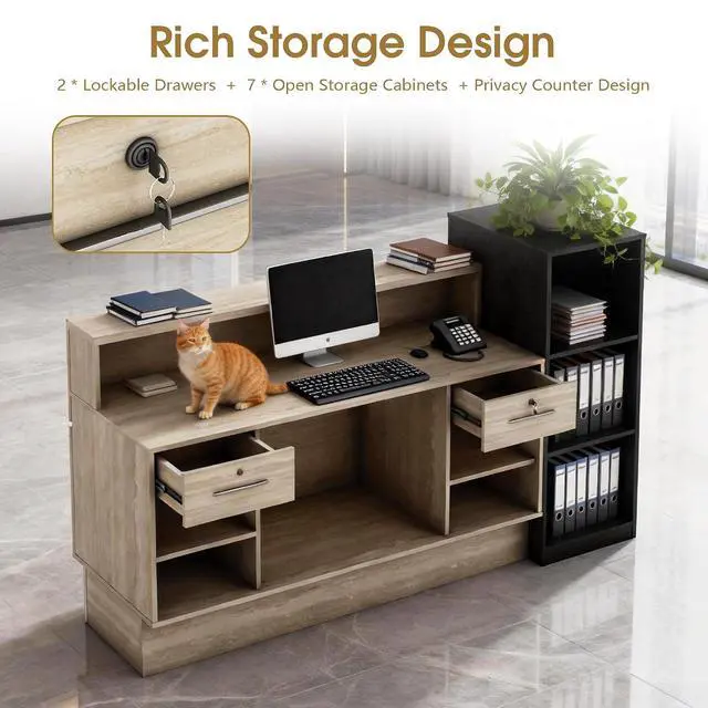 Alt view image 4 of 7 - Reception Desk with 2 Locking Drawers, Modern Front Desk Counter with Open Storage Shelves & Cable Grommet, Privacy Counter Design, Travertine-Look with Black Stone Accent (63 in)