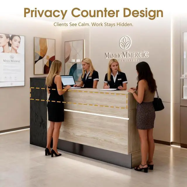 Alt view image 3 of 7 - Reception Desk with 2 Locking Drawers, Modern Front Desk Counter with Open Storage Shelves & Cable Grommet, Privacy Counter Design, Travertine-Look with Black Stone Accent (63 in)