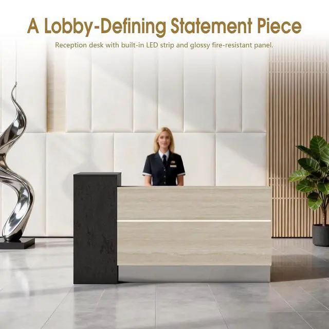 Alt view image 6 of 7 - Reception Desk with 2 Locking Drawers, Modern Front Desk Counter with Open Storage Shelves & Cable Grommet, Privacy Counter Design, Travertine-Look with Black Stone Accent (63 in)