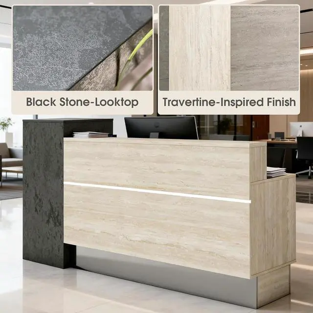 Alt view image 7 of 7 - Reception Desk with 2 Locking Drawers, Modern Front Desk Counter with Open Storage Shelves & Cable Grommet, Privacy Counter Design, Travertine-Look with Black Stone Accent (63 in)