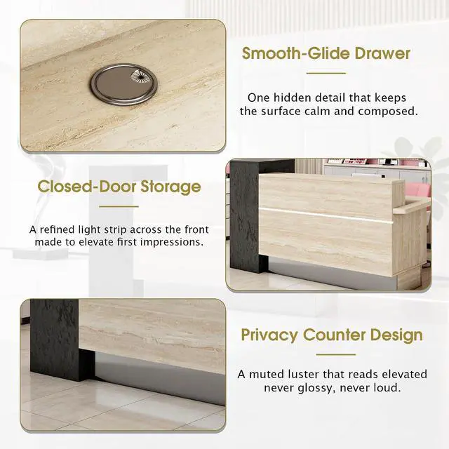 Alt view image 5 of 7 - Reception Desk with 2 Locking Drawers, Modern Front Desk Counter with Open Storage Shelves & Cable Grommet, Privacy Counter Design, Travertine-Look with Black Stone Accent (63 in)