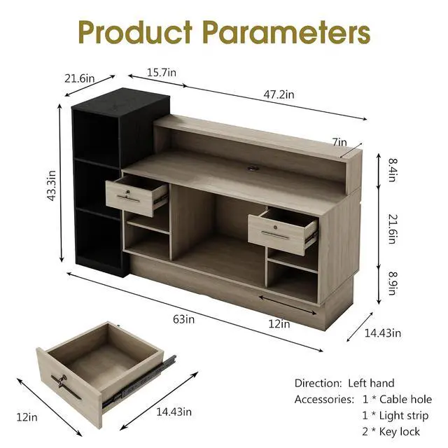 Alt view image 2 of 7 - Reception Desk with 2 Locking Drawers, Modern Front Desk Counter with Open Storage Shelves & Cable Grommet, Privacy Counter Design, Travertine-Look with Black Stone Accent (63 in)