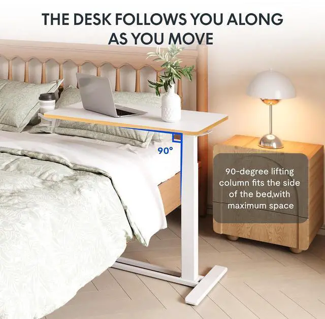 Alt view image 4 of 7 - H7 Adjustable Overbed Bedside Table with Wheels Pneumatic Mobile Standing Laptop Desk Rolling Computer Cart Movable Overbed Table Hospital Home Use (31.5" W x 17.7" D, White Maple Large)
