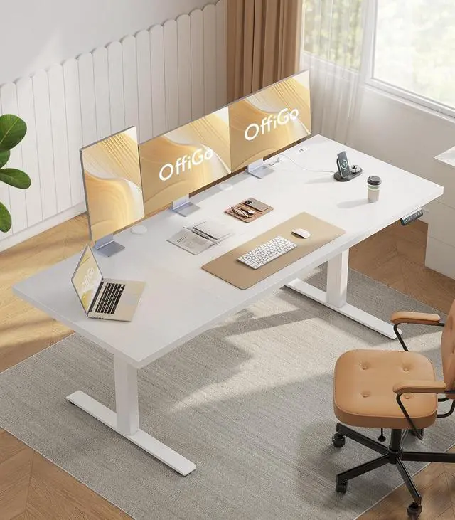 Alt view image 2 of 7 - 79 Inch Executive Electric Standing Desk, Height Adjustable Desk with Power Outlet & 1.38" Thick 3-Piece Desktop, Sit Stand Computer Desk for Home, Office, Conference Room, White
