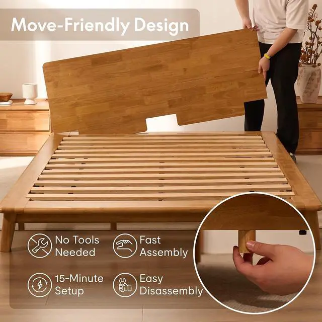 Alt view image 4 of 7 - Hako G1 Solid Wood Platform Bed Frame Queen,Rubberwood,Tool-Free Assembly,Low Profile Floating,Storage Shelf&Charging Station,Modern Scandinavian Japanese Minimalist,Heavy Duty,Natural Oak