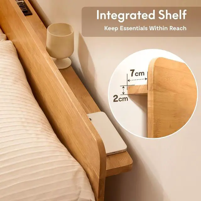 Alt view image 6 of 7 - Hako G1 Solid Wood Platform Bed Frame Queen,Rubberwood,Tool-Free Assembly,Low Profile Floating,Storage Shelf&Charging Station,Modern Scandinavian Japanese Minimalist,Heavy Duty,Natural Oak