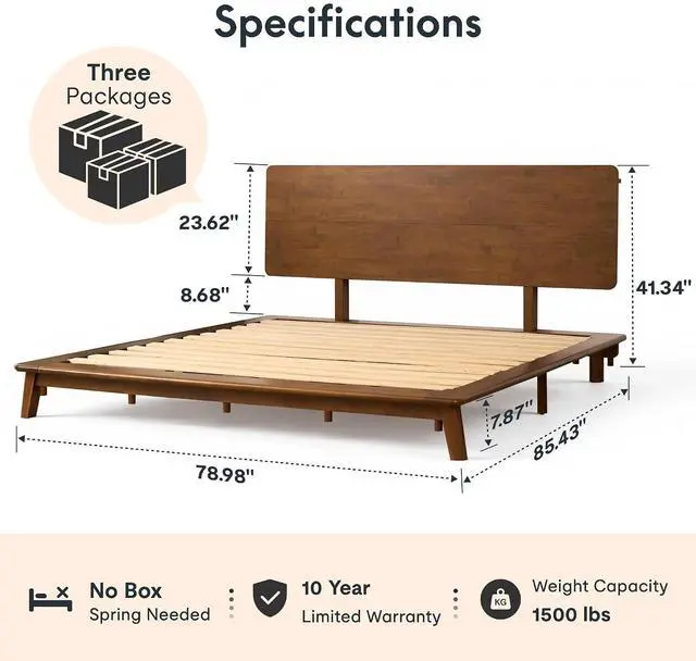 Alt view image 2 of 7 - Hako G1 Solid Wood Platform Bed Frame King, Rubberwood, Tool-Free Assembly, 1500 lbs Heavy Duty, Storage Headboard with Charging Station, Low Profile Japandi Minimalist Design, Brown