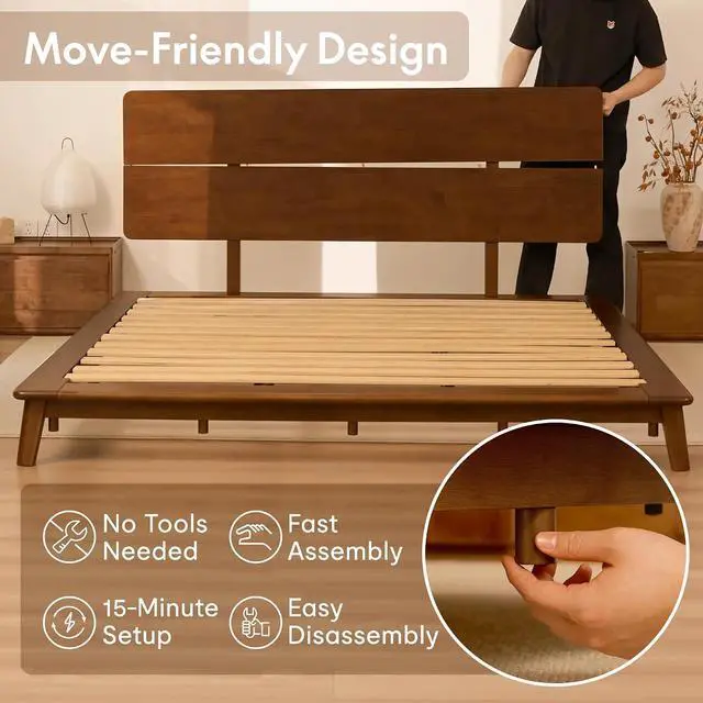 Alt view image 4 of 7 - Hako G1 Solid Wood Platform Bed Frame King, Rubberwood, Tool-Free Assembly, 1500 lbs Heavy Duty, Storage Headboard with Charging Station, Low Profile Japandi Minimalist Design, Brown