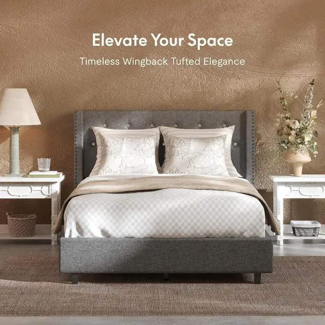 Alt view image 3 of 7 - Full Size Bed Frame, Upholstered in Natural Linen, Platform Bed with Wingback Headboard, Luxury Diamond Tufting, Heavy-Duty Wooden Slats, No Squeaking, No Box Spring Needed, Grey