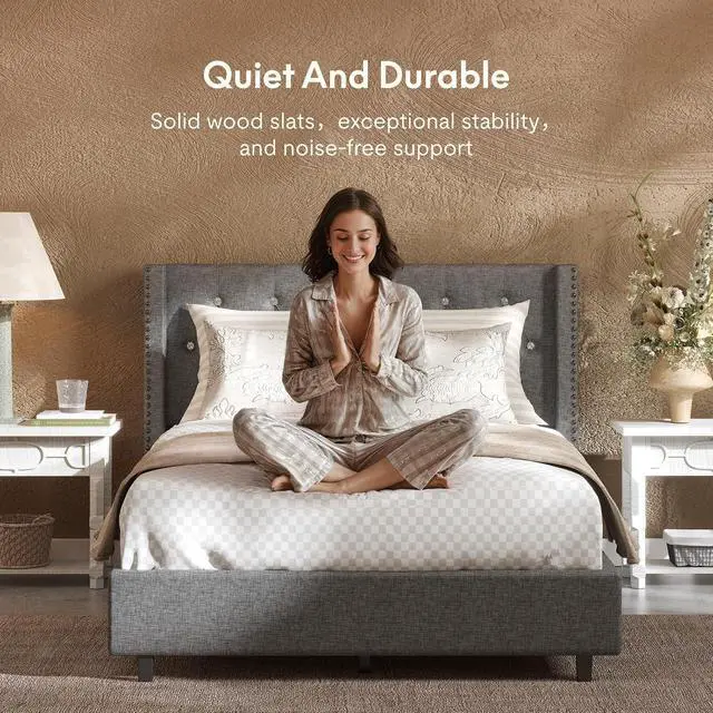 Alt view image 4 of 7 - Full Size Bed Frame, Upholstered in Natural Linen, Platform Bed with Wingback Headboard, Luxury Diamond Tufting, Heavy-Duty Wooden Slats, No Squeaking, No Box Spring Needed, Grey