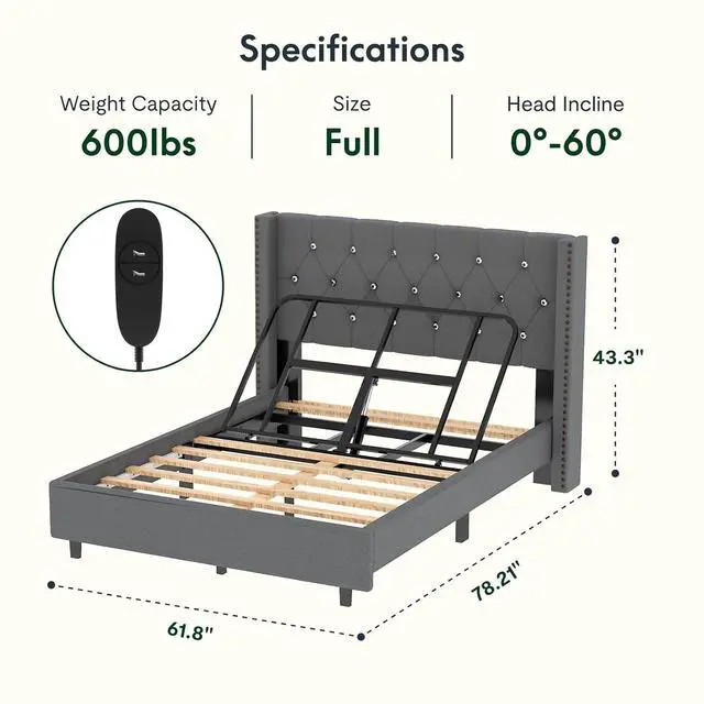 Alt view image 2 of 7 - Full Size Upholstered Adjustable Bed Wingback Tufted Headboard, Head Incline, Sturdy Wooden Slats, 700 lbs Capacity, No Box Spring Needed, Easy Assembly, Grey
