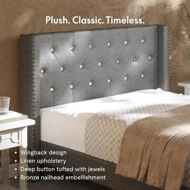 Alt view image 5 of 7 - Full Size Bed Frame, Upholstered in Natural Linen, Platform Bed with Wingback Headboard, Luxury Diamond Tufting, Heavy-Duty Wooden Slats, No Squeaking, No Box Spring Needed, Grey