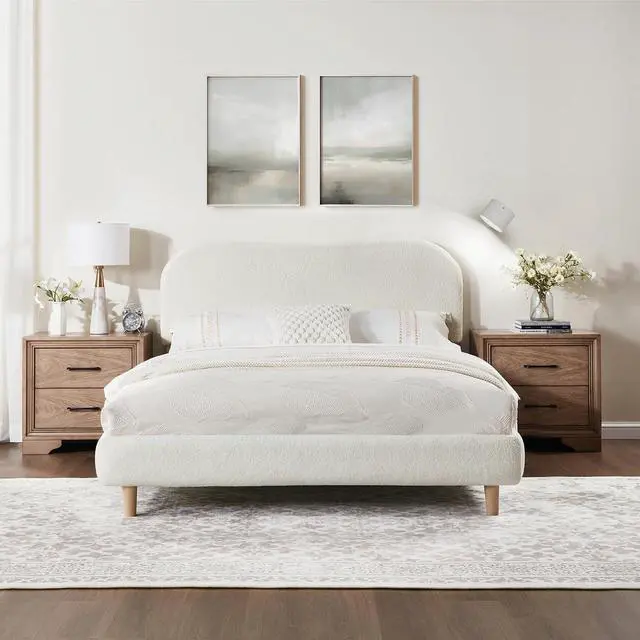 Main image of Queen Size Boucle Bed Frame, Upholstered Cloud Platform Bed with Adjustable Headboard, Plush Padding, Solid Wood Legs, Bonus LED Wall Light, No Box Spring Needed, Easy Assembly, White