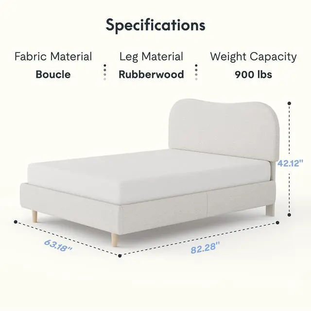 Alt view image 2 of 7 - Queen Size Boucle Bed Frame, Upholstered Cloud Platform Bed with Adjustable Headboard, Plush Padding, Solid Wood Legs, Bonus LED Wall Light, No Box Spring Needed, Easy Assembly, White