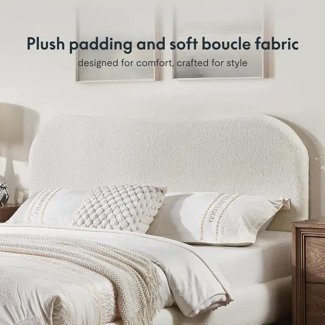 Alt view image 3 of 7 - Queen Size Boucle Bed Frame, Upholstered Cloud Platform Bed with Adjustable Headboard, Plush Padding, Solid Wood Legs, Bonus LED Wall Light, No Box Spring Needed, Easy Assembly, White