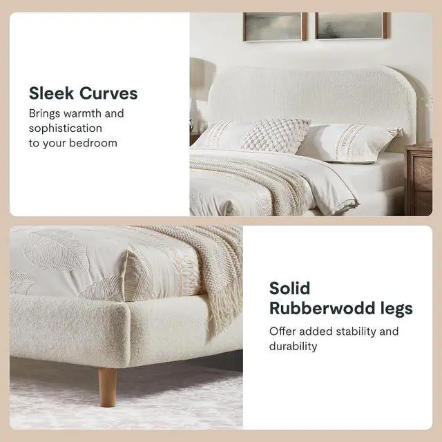 Alt view image 4 of 7 - Queen Size Boucle Bed Frame, Upholstered Cloud Platform Bed with Adjustable Headboard, Plush Padding, Solid Wood Legs, Bonus LED Wall Light, No Box Spring Needed, Easy Assembly, White