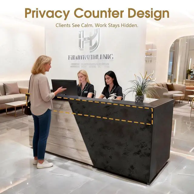 Alt view image 4 of 6 - 2-Person Reception Desk with Dual Keyboard Trays and Cable Grommets, Large Front Desk Counter with Drawer & Cabinet, 2-inch-Thick Transaction Counter, Privacy Counter, LED Light Strip (Left, 78.7 IN)