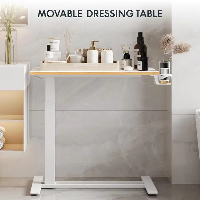 Alt view image 7 of 7 - H7 Adjustable Overbed Bedside Table with Wheels Pneumatic Mobile Standing Laptop Desk Rolling Computer Cart Movable Overbed Table Hospital Home Use (31.5" W x 17.7" D, White Maple Large)