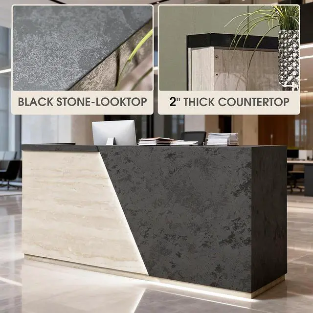 Alt view image 6 of 6 - 2-Person Reception Desk with Dual Keyboard Trays and Cable Grommets, Large Front Desk Counter with Drawer & Cabinet, 2-inch-Thick Transaction Counter, Privacy Counter, LED Light Strip (Left, 78.7 IN)