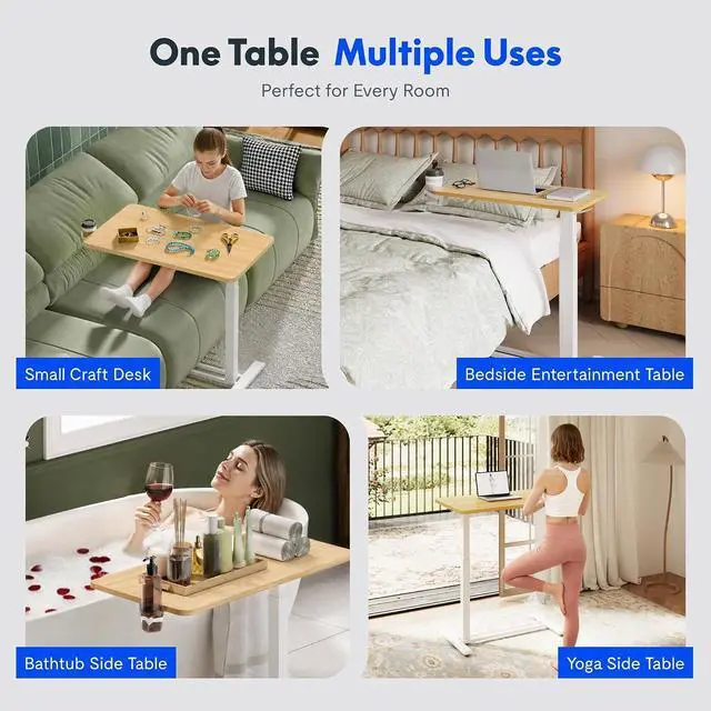 Alt view image 7 of 7 - H7 Adjustable Overbed Bedside Table with Wheels Pneumatic Mobile Standing Desk Laptop Desk Rolling Computer Cart Movable Overbed Table Hospital Home Use(27.6" W x 15.7" D, Maple Table)