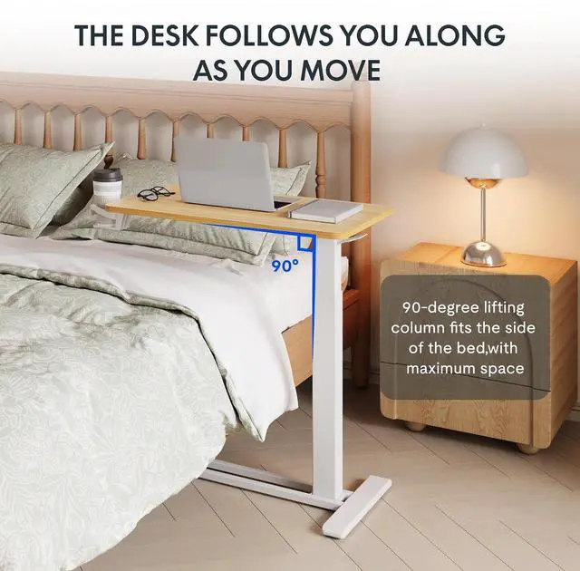 Alt view image 6 of 7 - H7 Adjustable Overbed Bedside Table with Wheels Pneumatic Mobile Standing Desk Laptop Desk Rolling Computer Cart Movable Overbed Table Hospital Home Use(27.6" W x 15.7" D, Maple Table)