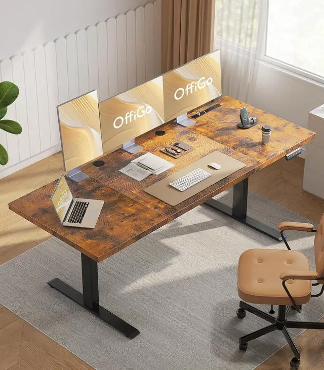 Alt view image 2 of 7 - 79 Inch Executive Electric Standing Desk, Height Adjustable Desk with Power Outlet & 1.38" Thick 3-Piece Desktop, Sit Stand Computer Desk for Home, Office, Conference Room, Rustic Brown