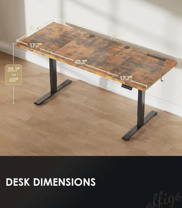 Alt view image 4 of 7 - 79 Inch Executive Electric Standing Desk, Height Adjustable Desk with Power Outlet & 1.38" Thick 3-Piece Desktop, Sit Stand Computer Desk for Home, Office, Conference Room, Rustic Brown