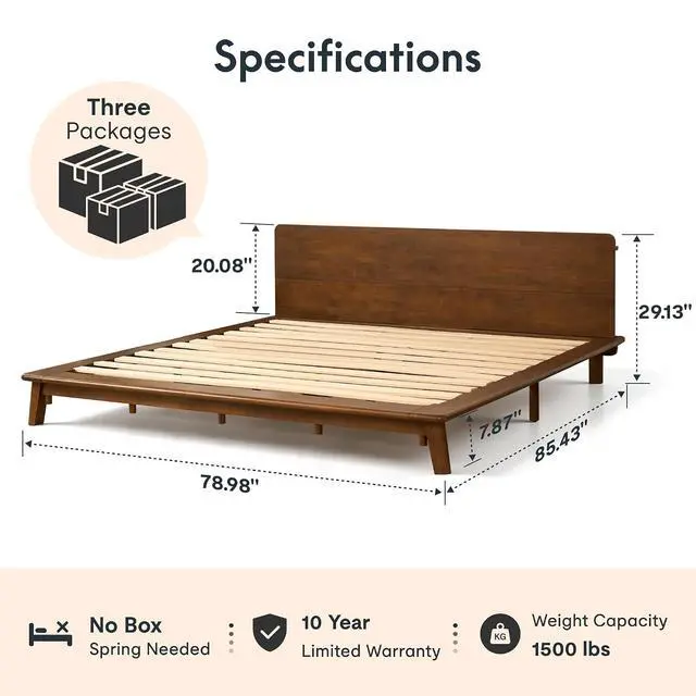 Alt view image 2 of 7 - Hako G1 Solid Wood Platform Bed Frame King, Rubberwood, Tool-Free Assembly, 1500 lbs Heavy Duty, Storage Headboard with Charging Station, Low Profile Japandi Minimalist Design, Brown