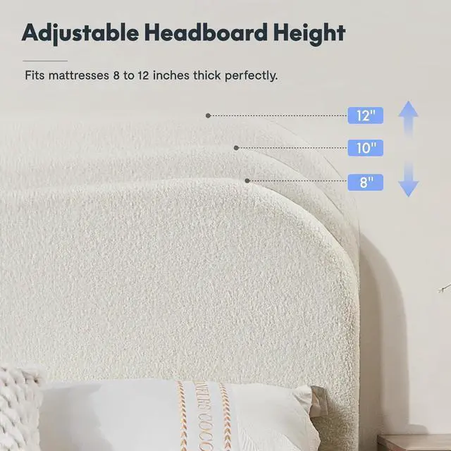 Alt view image 5 of 7 - Queen Size Boucle Bed Frame, Upholstered Cloud Platform Bed with Adjustable Headboard, Plush Padding, Solid Wood Legs, Bonus LED Wall Light, No Box Spring Needed, Easy Assembly, White