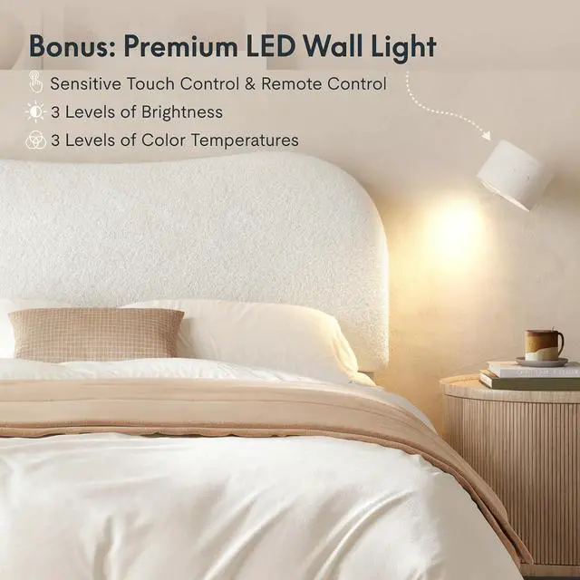 Alt view image 7 of 7 - Queen Size Boucle Bed Frame, Upholstered Cloud Platform Bed with Adjustable Headboard, Plush Padding, Solid Wood Legs, Bonus LED Wall Light, No Box Spring Needed, Easy Assembly, White
