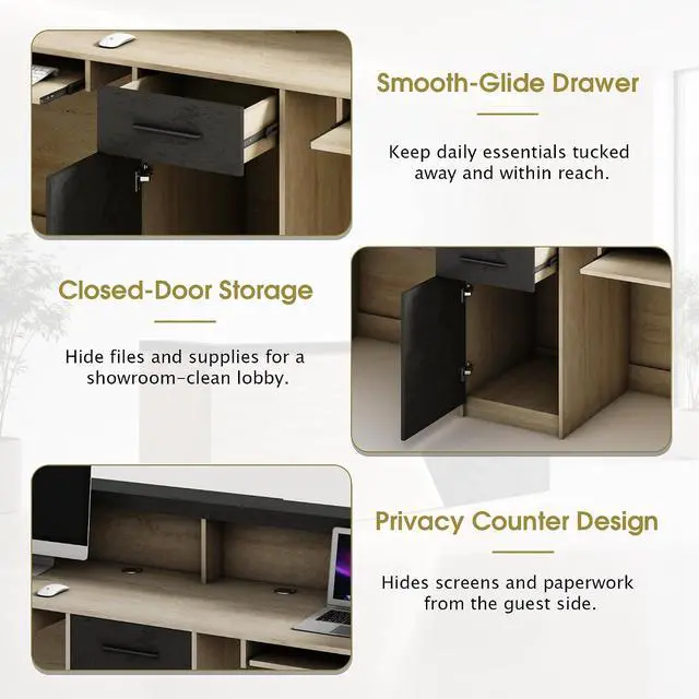Alt view image 5 of 6 - 2-Person Reception Desk with Dual Keyboard Trays and Cable Grommets, Large Front Desk Counter with Drawer & Cabinet, 2-inch-Thick Transaction Counter, Privacy Counter, LED Light Strip (Left, 78.7 IN)