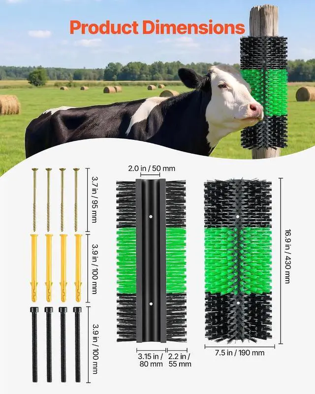 Alt view image 7 of 7 - Livestock Scratching Brush, 2PCS Goat Scratcher Brush Post with 8 Screws, 16.9" x 7.5" Cow Scratcher for Back Itch Relief, Massage Grooming Scratch Tool for Horse Cattle Sheep Pig, Green & Black