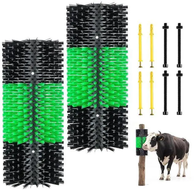 Main image of Livestock Scratching Brush, 2PCS Goat Scratcher Brush Post with 8 Screws, 16.9" x 7.5" Cow Scratcher for Back Itch Relief, Massage Grooming Scratch Tool for Horse Cattle Sheep Pig, Green & Black