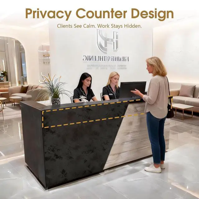 Alt view image 5 of 6 - 2-Person Reception Desk with Dual Keyboard Trays and Cable Grommets, Large Front Desk Counter with Drawer & Cabinet, 2-inch-Thick Transaction Counter, Privacy Counter, LED Light Strip (Right, 86.6 IN)