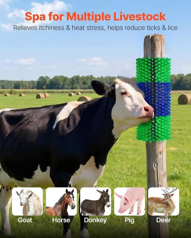 Alt view image 2 of 7 - Livestock Scratching Brush, 1PC Goat Scratcher Brush Post with 4 Screws, 16.9" x 7.5" Cow Scratcher for Back Itch Relief, Massage Grooming Scratch Tool for Horse Cattle Sheep Pig, Green & Blue