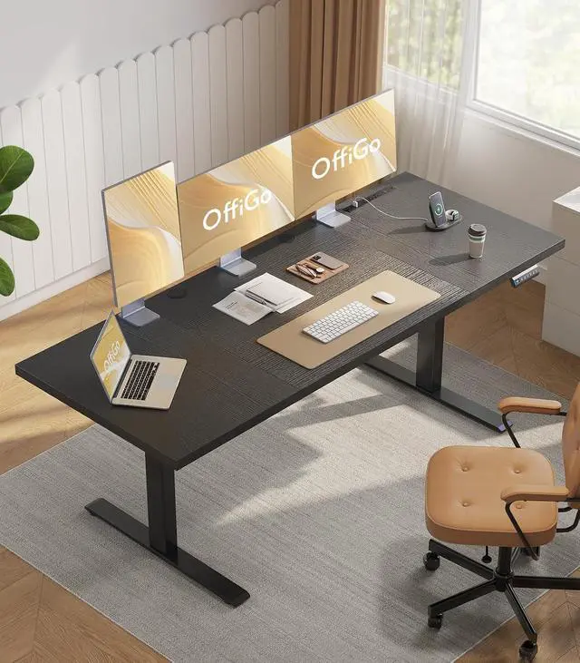 Alt view image 2 of 7 - 79 Inch Executive Electric Standing Desk, Height Adjustable Desk with Power Outlet & 1.38" Thick 3-Piece Desktop, Sit Stand Computer Desk for Home, Office, Conference Room, Black