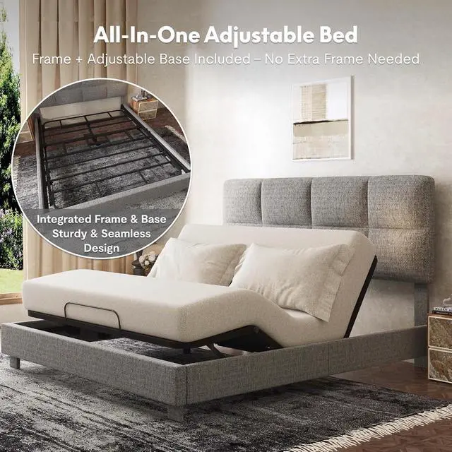 Alt view image 3 of 7 - All-in-One Adjustable Bed Frame with Upholstered Square Tufted Headboard, QueenModern Minimalist DesignSynchronized Head&Foot Lift for Relaxation5Y Motor&10Y Frame Warranty,Light Grey