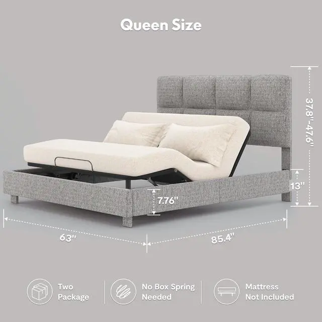 Alt view image 2 of 7 - All-in-One Adjustable Bed Frame with Upholstered Square Tufted Headboard, QueenModern Minimalist DesignSynchronized Head&Foot Lift for Relaxation5Y Motor&10Y Frame Warranty,Light Grey