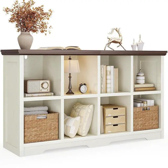 Main image of 8 Cube Organizer Bookcase, Modern Farmhouse Open Shelf for Storage Bins & Decor, Display Bookshelf Console Closet for Living Room, Bedroom, Home Office, Walnut+White