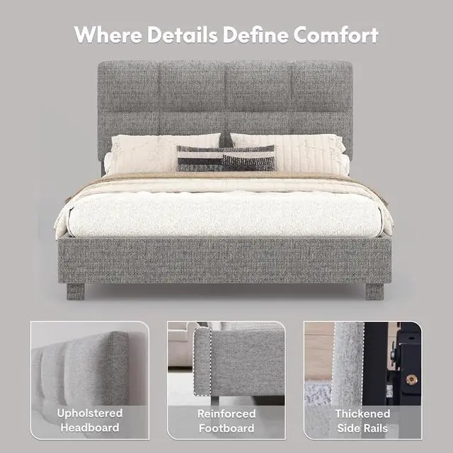 Alt view image 6 of 7 - All-in-One Adjustable Bed Frame with Upholstered Square Tufted Headboard, QueenModern Minimalist DesignSynchronized Head&Foot Lift for Relaxation5Y Motor&10Y Frame Warranty,Light Grey