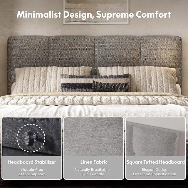 Alt view image 5 of 7 - All-in-One Adjustable Bed Frame with Upholstered Square Tufted Headboard, QueenModern Minimalist DesignSynchronized Head&Foot Lift for Relaxation5Y Motor&10Y Frame Warranty,Light Grey