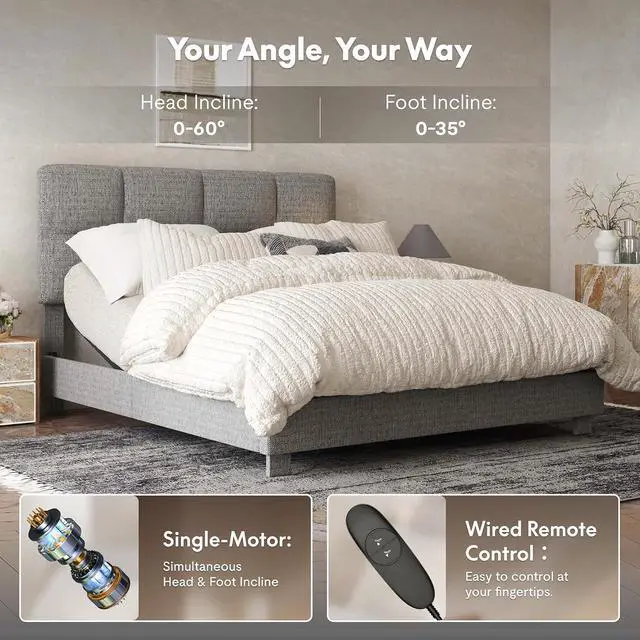 Alt view image 7 of 7 - All-in-One Adjustable Bed Frame with Upholstered Square Tufted Headboard, QueenModern Minimalist DesignSynchronized Head&Foot Lift for Relaxation5Y Motor&10Y Frame Warranty,Light Grey