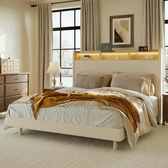 Main image of King Platform Bed Frame with 51" Tall Upholstered Corduroy Headboard, Two-Tier Storage Shelves, LED Light & Charging Station, Remote Pocket, No Box Spring Needed,1100Ibs Heavy-Duty, Beige