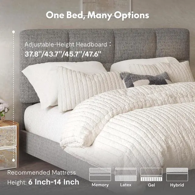 Alt view image 7 of 7 - Adjustable Bed Frame Queen with Upholstered Square-Tufted Headboard and Footboard, Synchronized Head & Foot Lift, All-in-One, Design, 5-Year Motor & 10-Year Frame Warranty, Light Grey