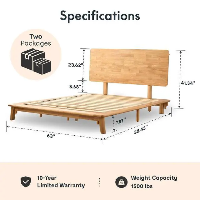 Alt view image 2 of 7 - Hako G1 Queen Solid Wood Platform Bed Frame & 10-Inch Cooling Gel Memory Foam Mattress Set, Natural Oak, 1500 lbs, Charging Storage Headboard, Bamboo Cover, Medium Firm, 10-Year Warranty