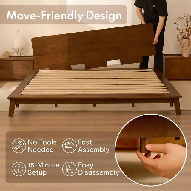 Alt view image 4 of 7 - Hako G1 Solid Wood Platform Bed Frame King, Rubberwood, Tool-Free Assembly, 1500 lbs Heavy Duty, Storage Headboard with Charging Station, Low Profile Japandi Minimalist Design, Brown